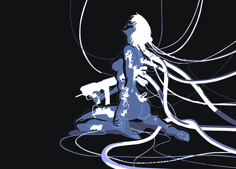 illustration du personnage féminin de la série de films Ghost in the Shell en bleu sur fond noir.