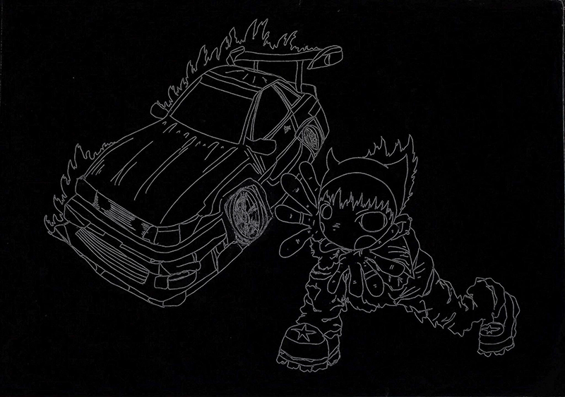 dessin d'un personnage stylisé et d'un voiture enflammée sur fond noir.