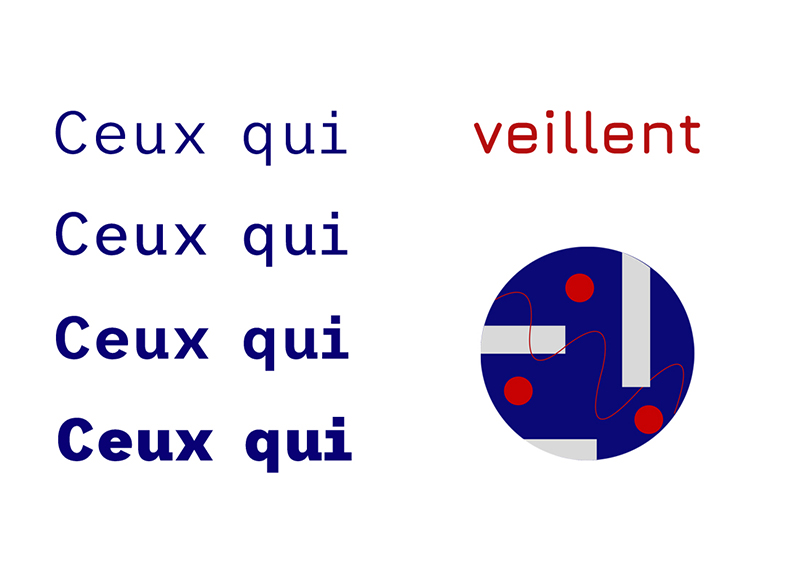 illustration du titre du poème présenté dans la page web avec des variations de graisse des mots et une illustration abstraite ronde bleue et rouge..