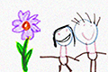 dessin enfantin montrant une fleur violette à côté d'un personnage de petite fille et d'un personnage d'homme adulte.