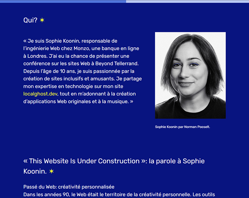 capture d'écran de la page web Copia sur un section de présentation de Sophie Koonin sur fond bleu.