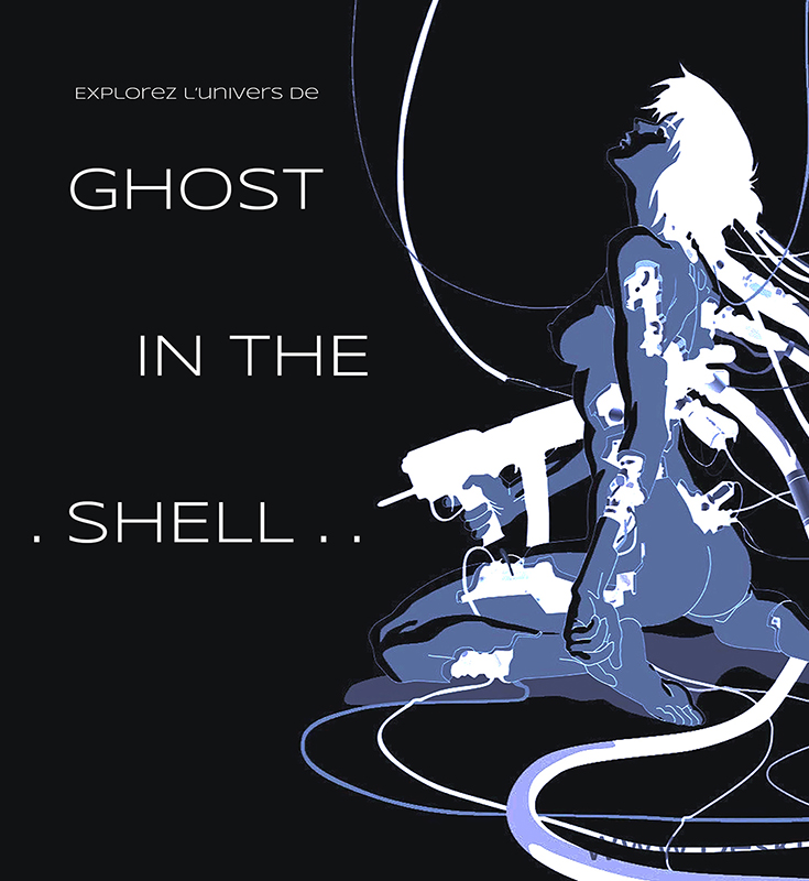 illustration du personnage féminin de la série de films Ghost in the Shell en bleu sur fond noir.