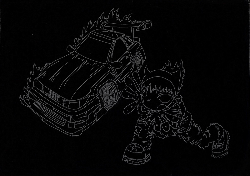 dessin d'un personnage et d'une voiture enflammée sur fond noir.