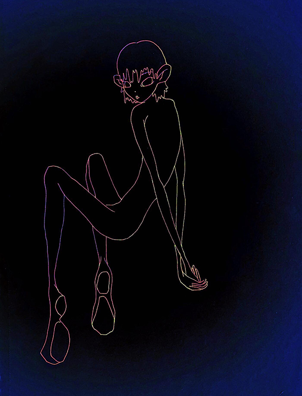 dessin d'un personnage féminin très long dans une position assise sur un fond noir et bleu.