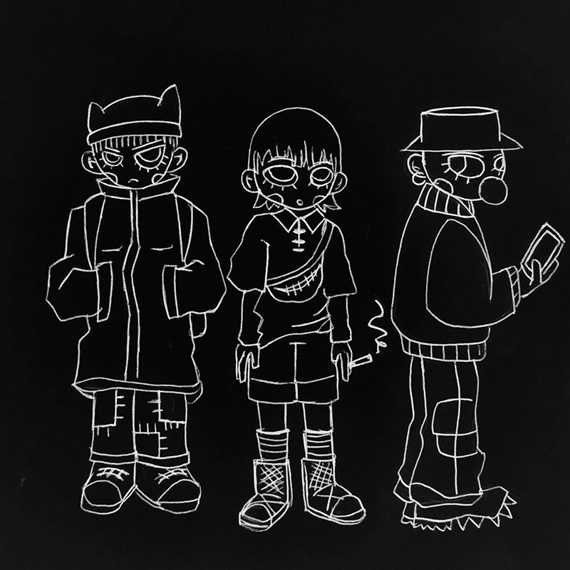 dessin de trois personnages linéaires sur fond noir.