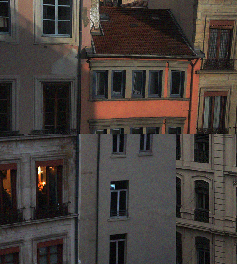 photmontage de hauts et bats bâtiments entre eux en reliant les contours des fenêtres.