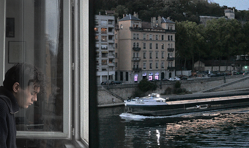 photomontage d'un garçon à sa fenêtre avec une image d'un bâteau sur un fleuve.