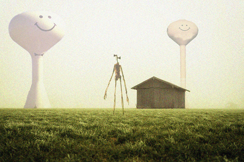 photomontage d'une entité étrange à côté d'une maisonnette et de châteaux d'eau souriants dans un champ.