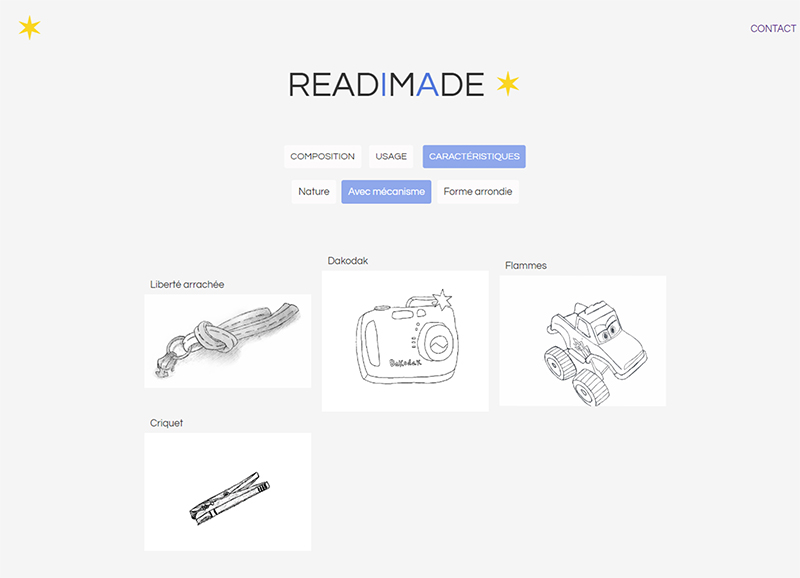 capture d'écran du système de tri du site Readimade avec des images de dessins.