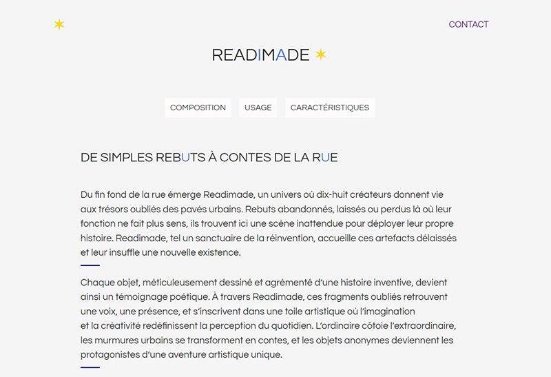 capture d'écran de la homepage du site web Readimade présentant des paragraphes de texte explicatifs du projet.