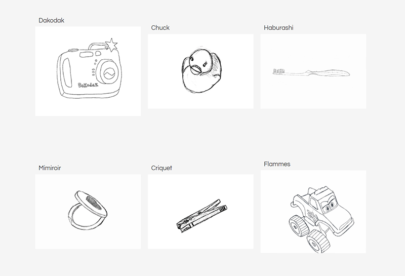 capture d'écran de six images de dessins d'objets placées en grille de trois colonnes.