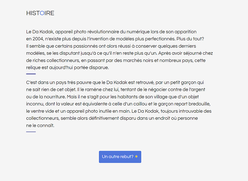 capture d'écran de deux paragraphes de texte d'une histoire sur l'un des objets présenté sur le site web.