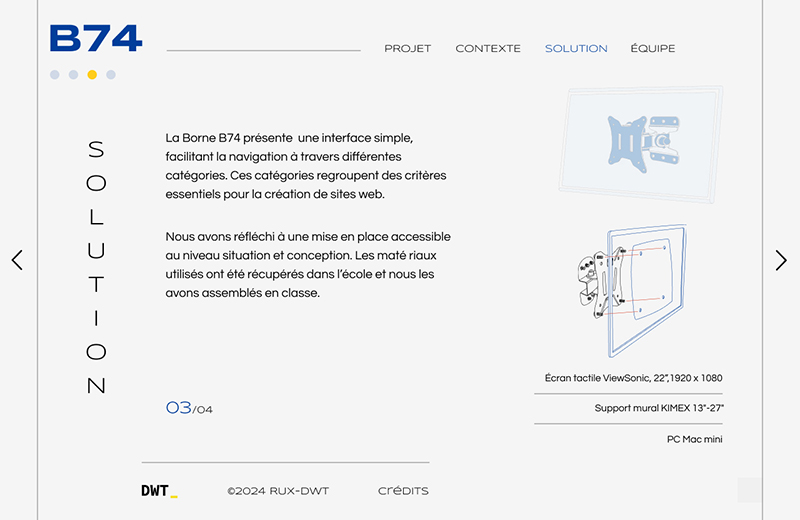 Capture d'écran de la page solution du site de présentation de RUX avec des schéma de l'installation de l'écran d'une borne.