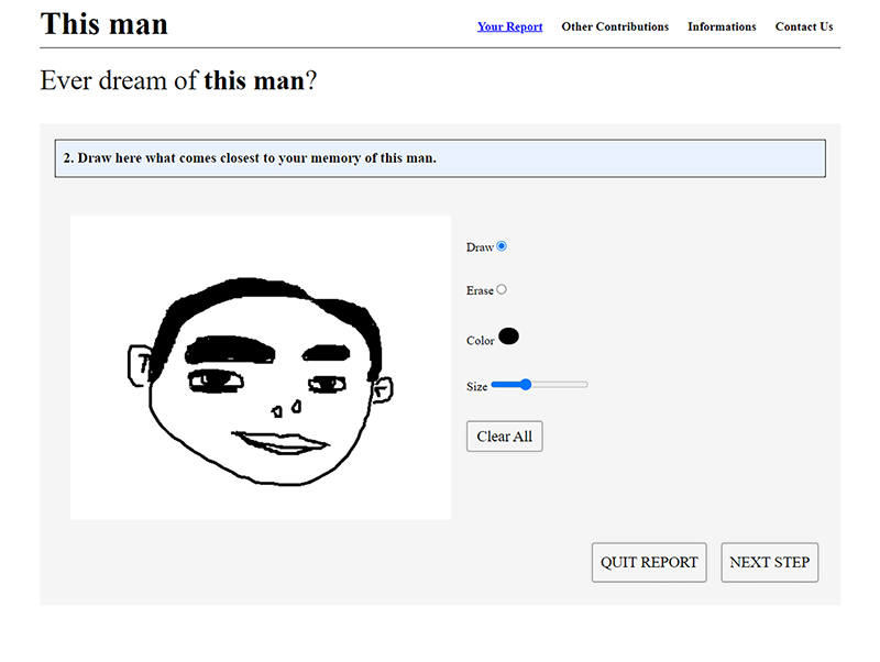 capture d'écran du site web This Man sur la page de dessin avec un visage dessiné de manière stylisée et simpliste.