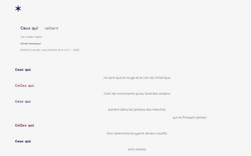 capture d'écran de la page web Variables réalisée individuellement montrant un extrait du poème Ceux qui veillent d'Olivier Marboeuf.