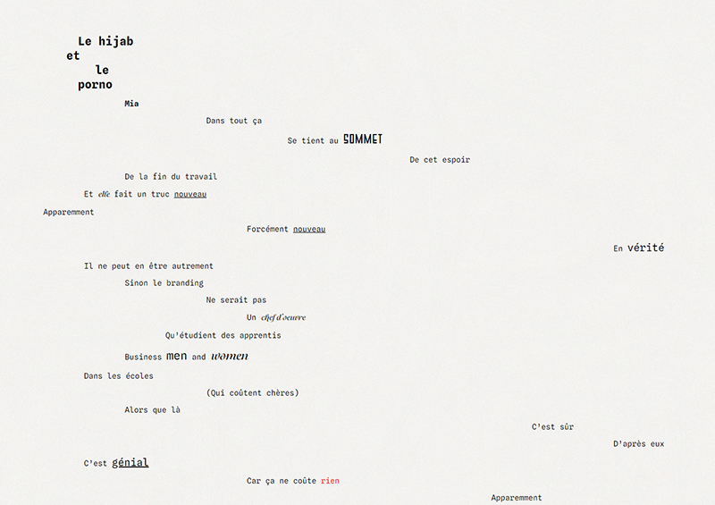capture d'écran de la page web Variables réalisée en groupe montrant un extrait du poème Le Hijab et le Porno d'Olivier Marboeuf.