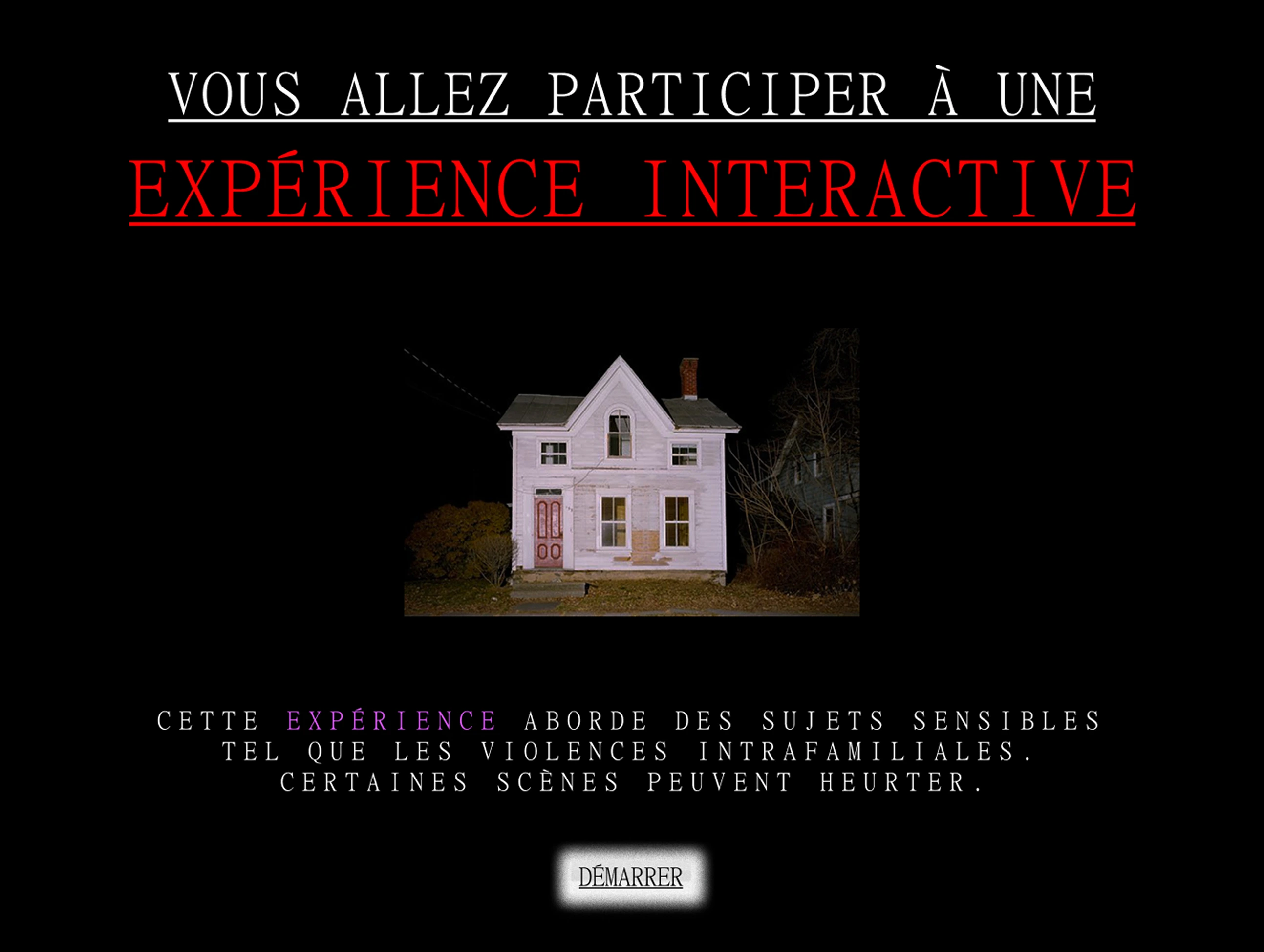 capture d'écran de l'introduction du projet Les Violettes sous l'oreiller, avec un avertissement sur le sujet des violences intrafamiliales traitées dans le projet.