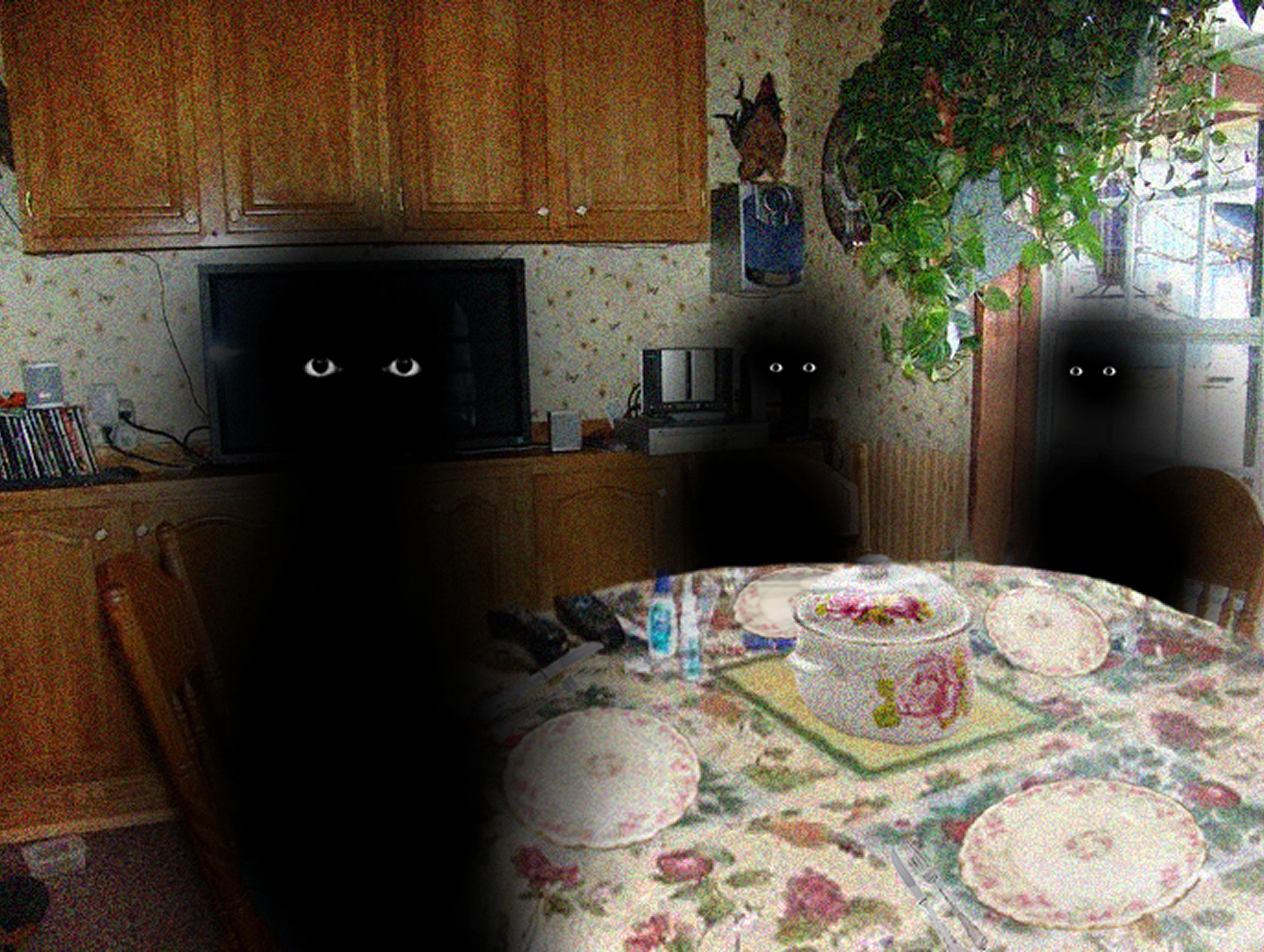 image d'une scène du projet Les Violettes sous l'oreiller, montrant des personnages représentés sous forme d'ombres noires assis autour d'une table dans une cuisine.
