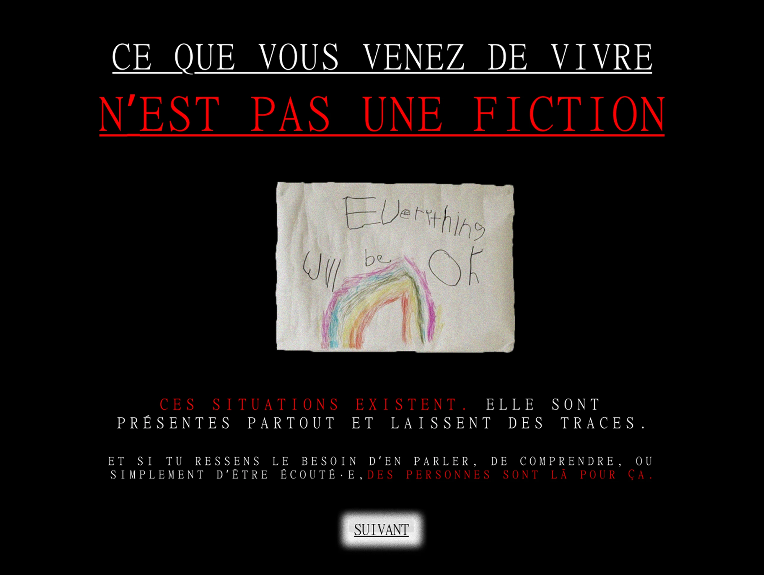 capture d'écran de la page de fin du projet Les Violettes sous l'oreiller, montrant un message de prévention et de sensibilisation aux violences intrafamiliales avec une image d'un dessin enfantin avec un arc en ciel.