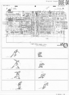 Illustration de storyboard noire sur fond blanc séparée en deux sections avec une architecture et le découpage d'un mouvement.