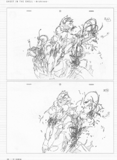 Illustration de storyboard noire sur fond blanc séparée en deux sections du personnage principal dans une action.