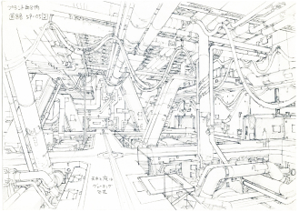 Illustration de storyboard noire sur fond blanc séparée en deux sections d'un intérieur d'architecture complexe.